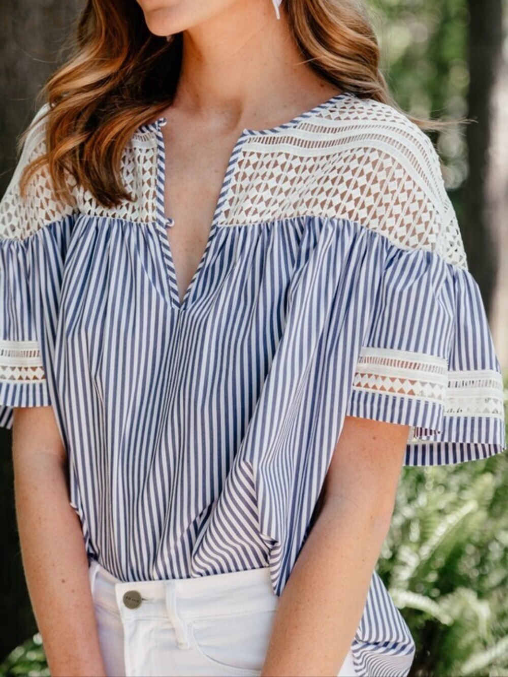 [NWOT] Scotch & Soda Blue and White Striped Crochet Yoke Blouse
